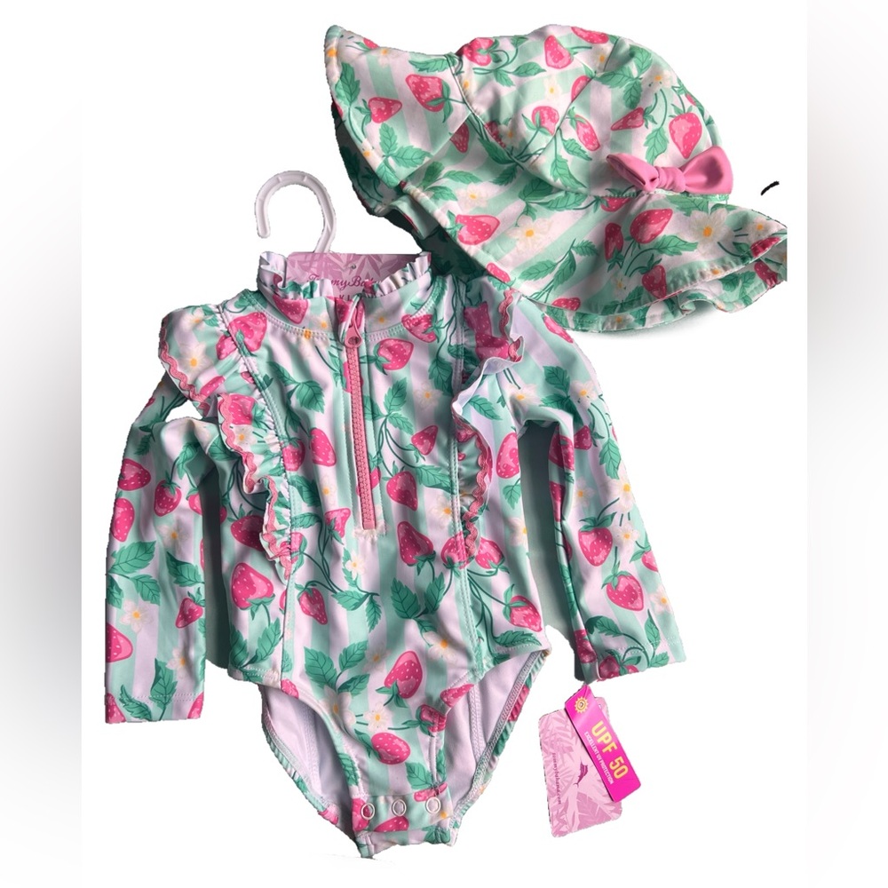 Tommy Bahama Girls Mint Green & Pink Strawberry Rashguard Swimsuit with Sun Hat